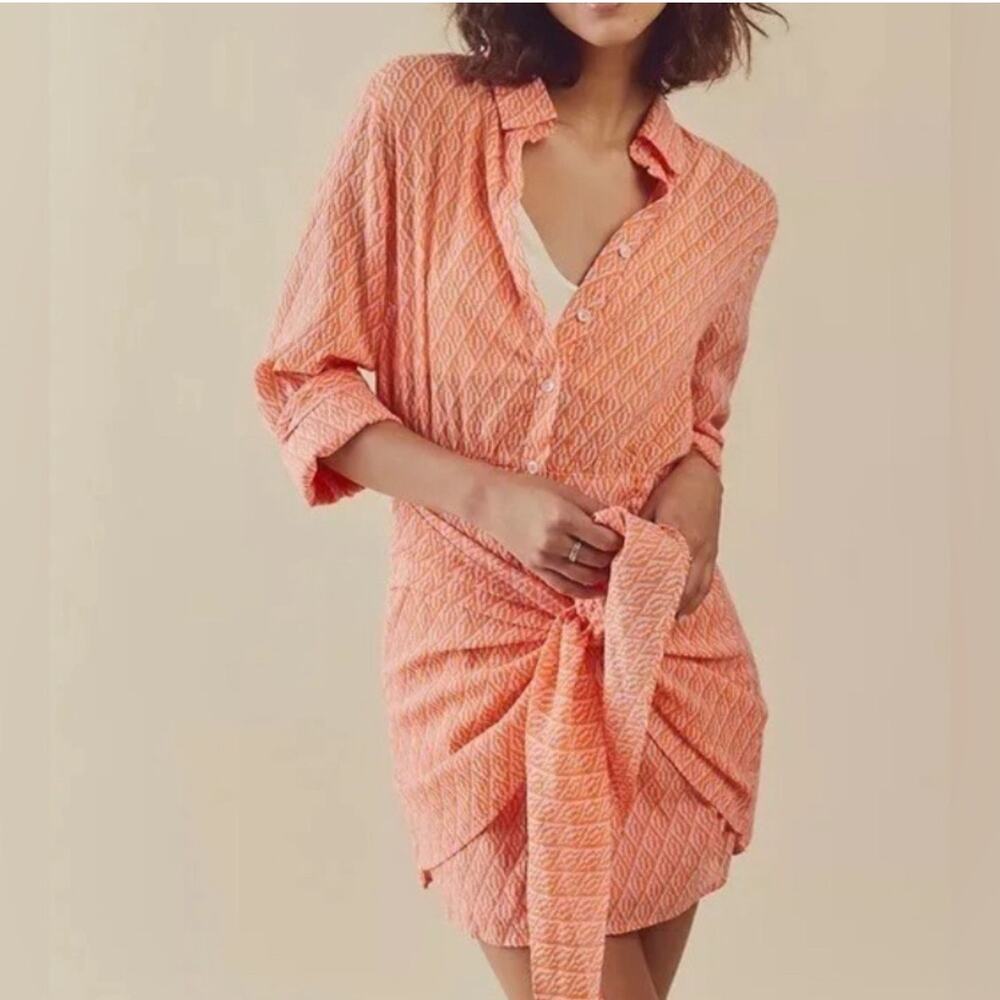 FP FREE PEOPLE Pink Prange Rillo Shirt Dress $138 Mini Wrap Button Coverup S - Picture 15 of 15